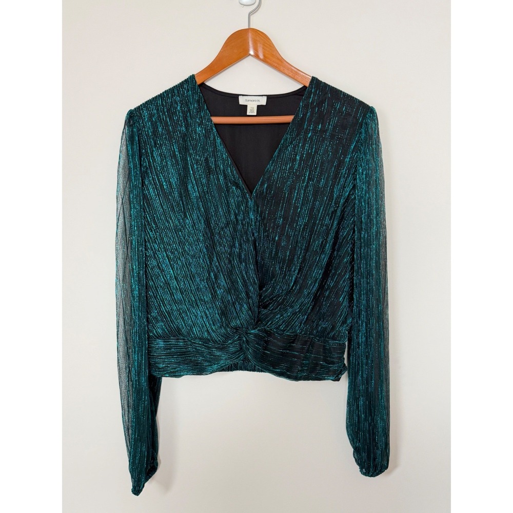 Tamara H. Green Metallic Plisse Wrap‎ Blouse Womens L Shimmery